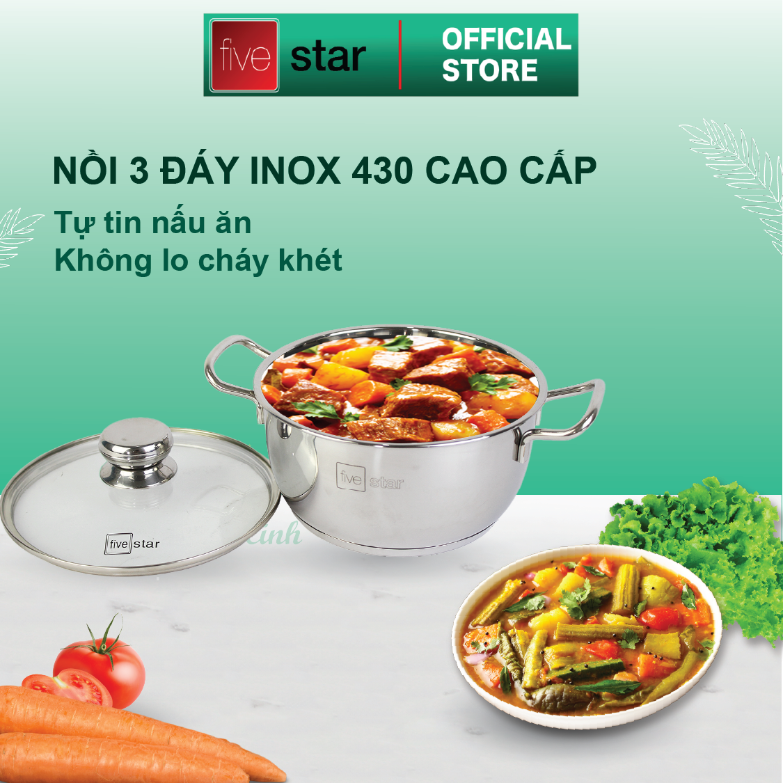 Bộ nồi chảo xửng hấp 3 Đáy Inox 430 cao cấp Fivestar Standard 6 món bếp từ nắp kính , tặng 1 vá canh