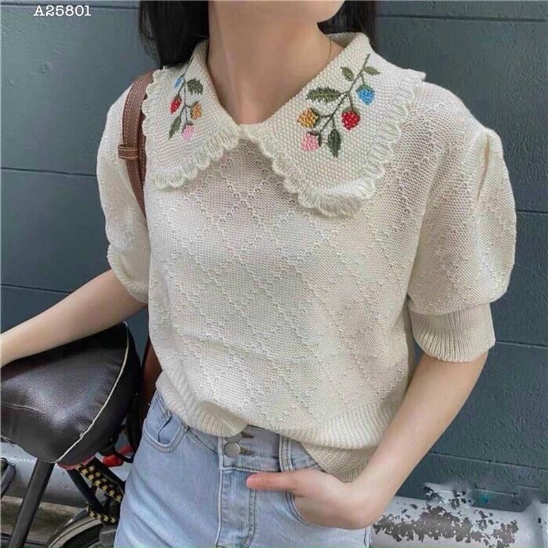 ÁO CROPTOP LEN CỔ BẺ THÊU HOA