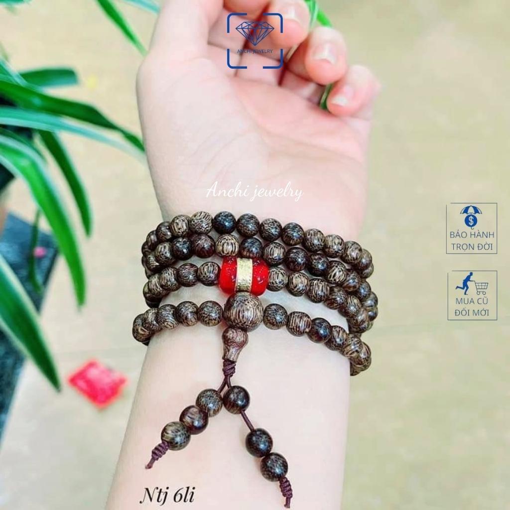 Vòng tay trầm hương nữ 108 hạt 6li mix lu thống dát vàng phong thủy, Anchi jewelry