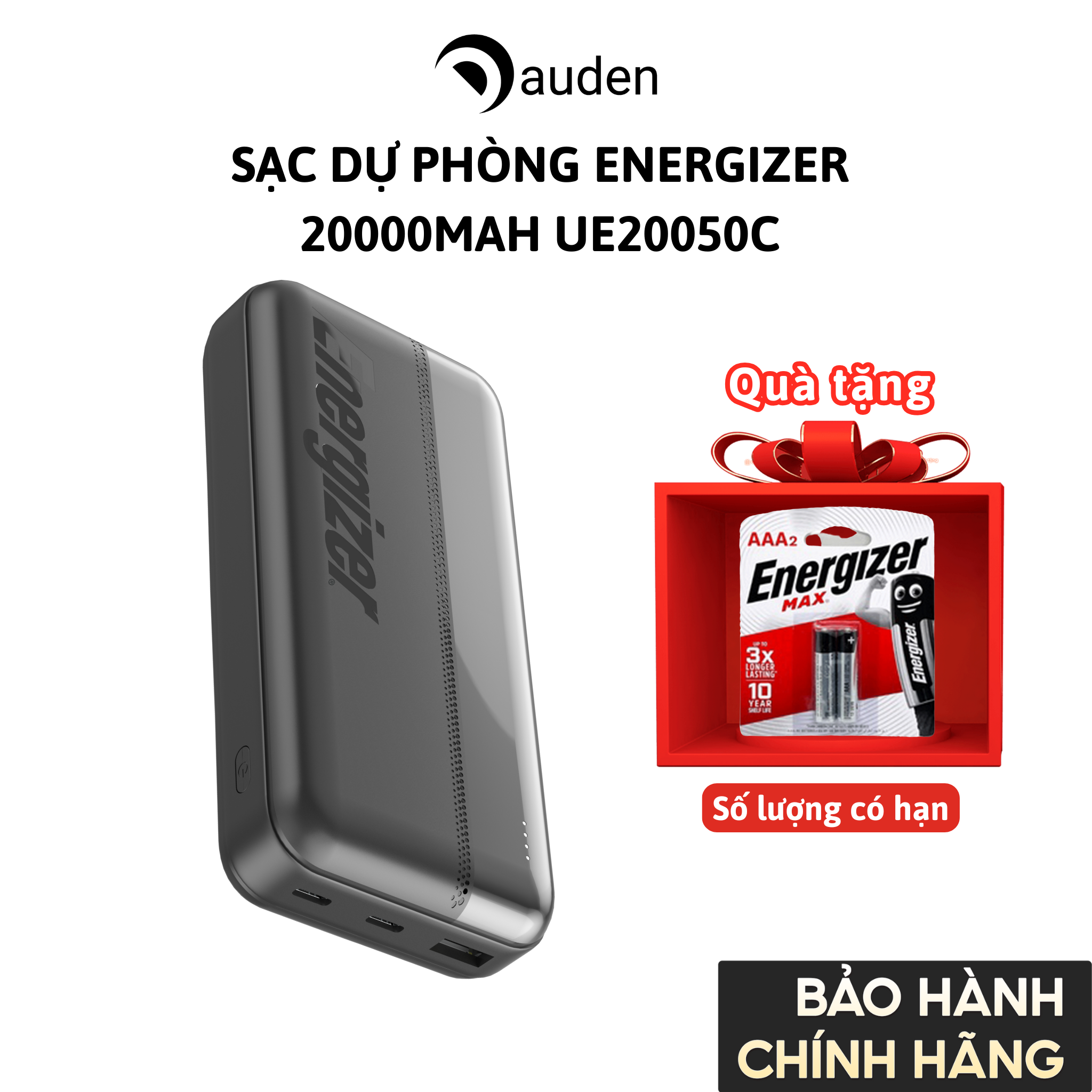 Sạc dự phòng Energizer 20,000mAh/3.7V Li-Polymer UE20050C - Hàng chính hãng bảo hành 2 năm 1 đổi 1