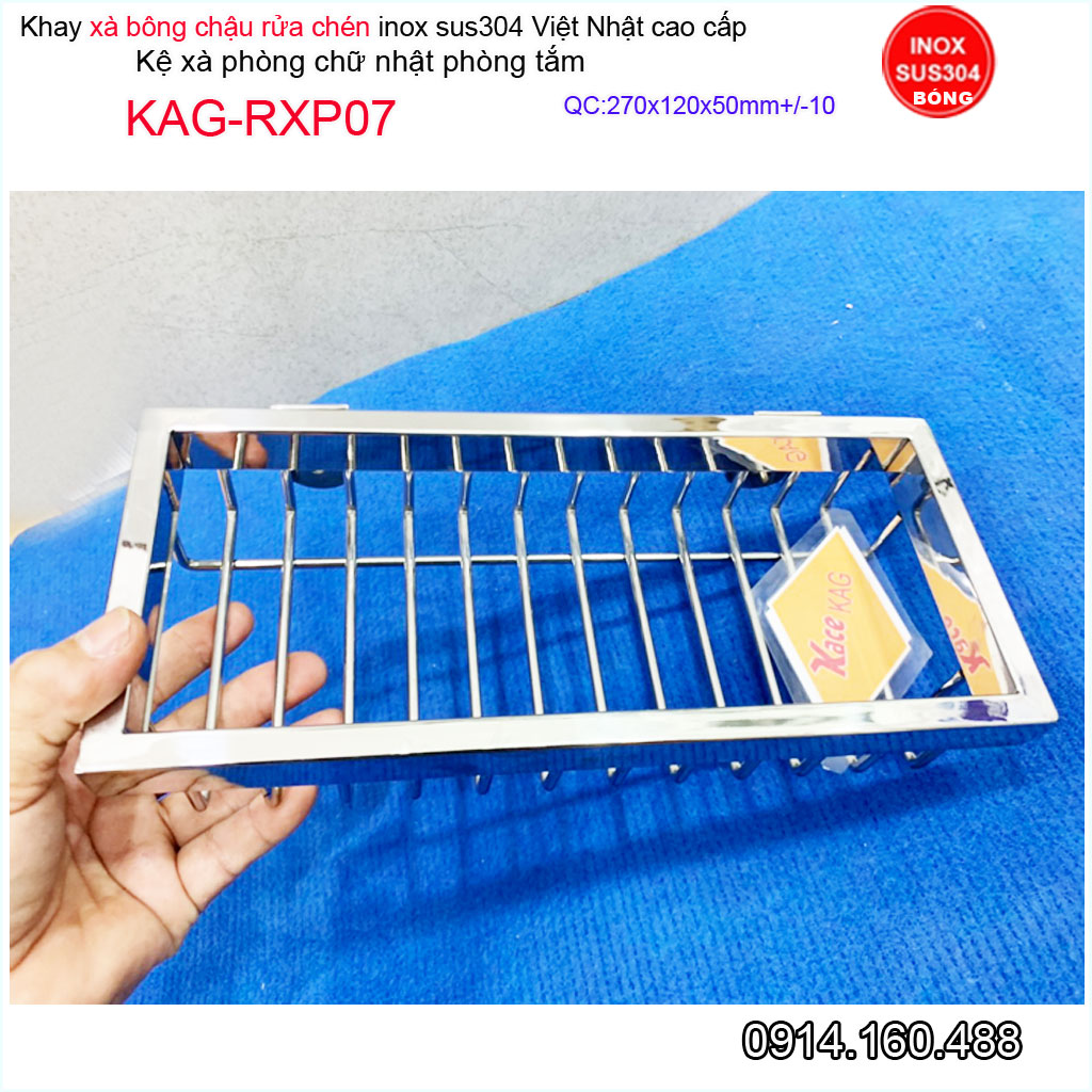 Kệ xà phòng chậu rửa chén Inox Nhật KAG-RXP07, Khay đựng xà phòng chữ nhật 27x12cm SUS304 hộp dập khuôn cao cấp sang trọng