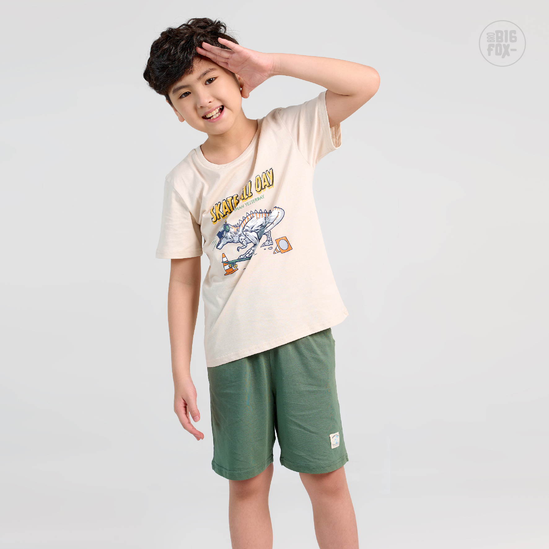 Bộ Quần Áo Bé Trai Bigfox, Bộ Cộc Tay Trẻ Em Mùa Hè Chất Cotton Mát In Hình Khủng Long Skate