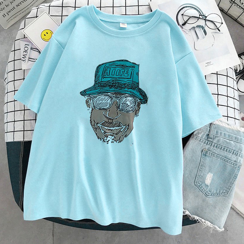 Áo Thun Nữ Unisex In Họa Tiết Khuông Mặt Đàn Ông Mắt Kính Nón Xanh