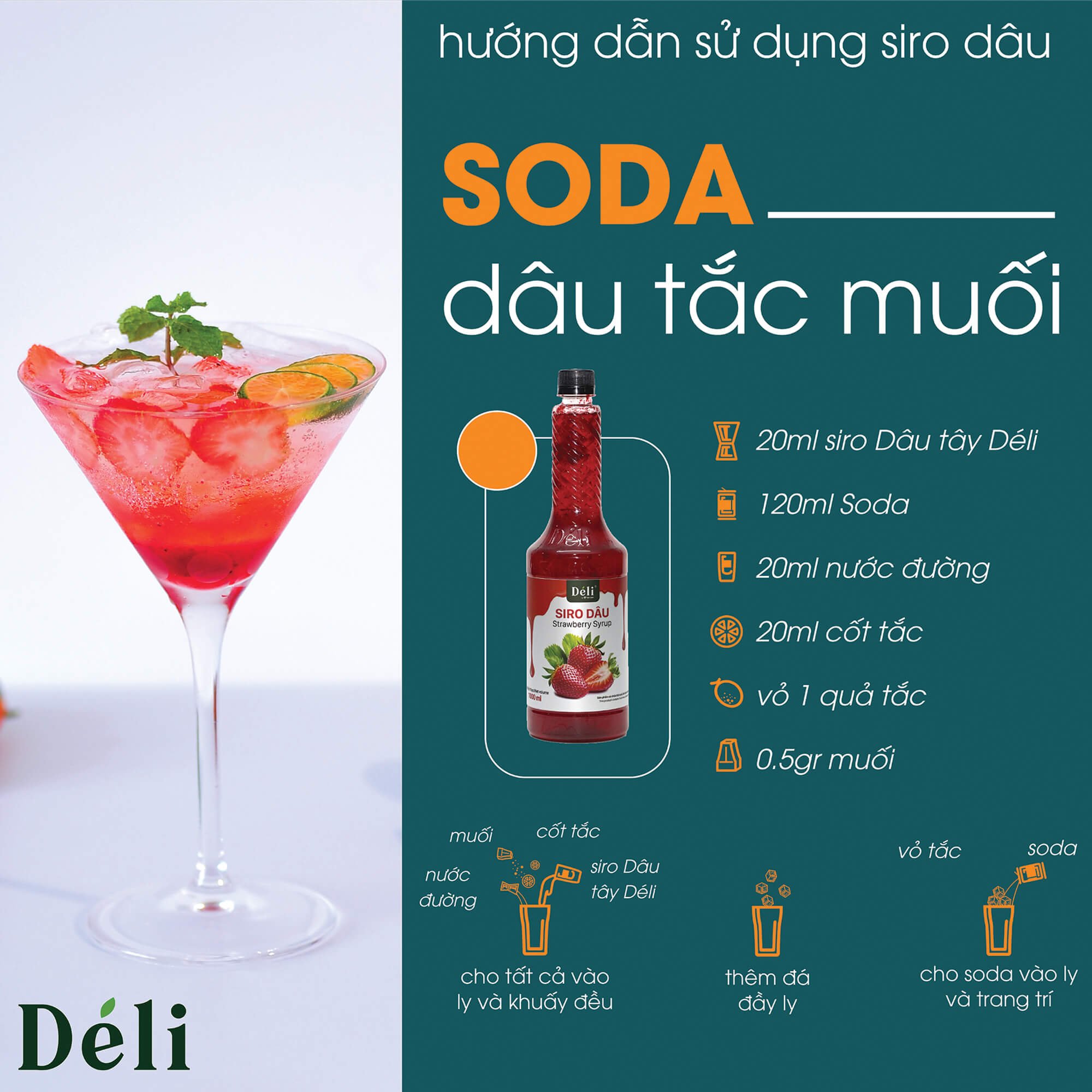 Siro dâu Déli - 1 lít - đậm đặc, chuyên dùng pha chế trà trái cây, soda