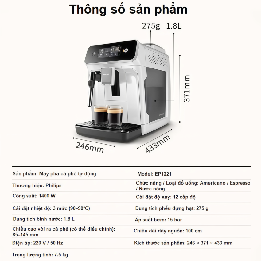 Máy pha cà phê Espresso, Americano tự động và Capuccino, Latte thương hiệu Hà Lan cao cấp Philips EP1221/69 - Hàng chính hãng