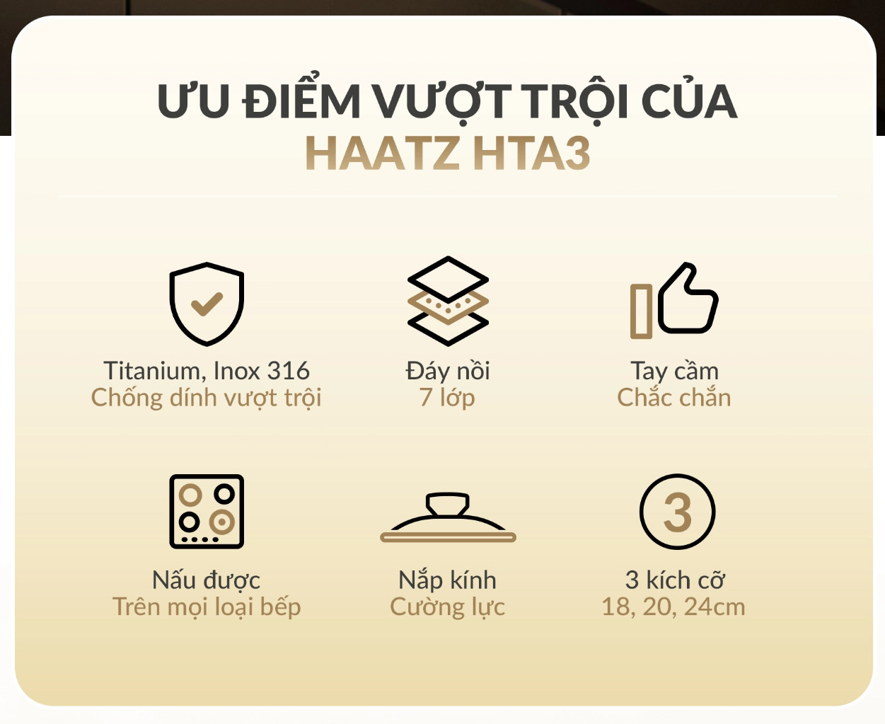 Bộ 3 Nồi Inox 316 Haatz HTA3 Phủ Titanium Aura Chống Dính Tốt, Dẫn Nhiệt Đều, Dùng Mọi Bếp - Hàng Chính Hãng Bảo Hành 5 Năm