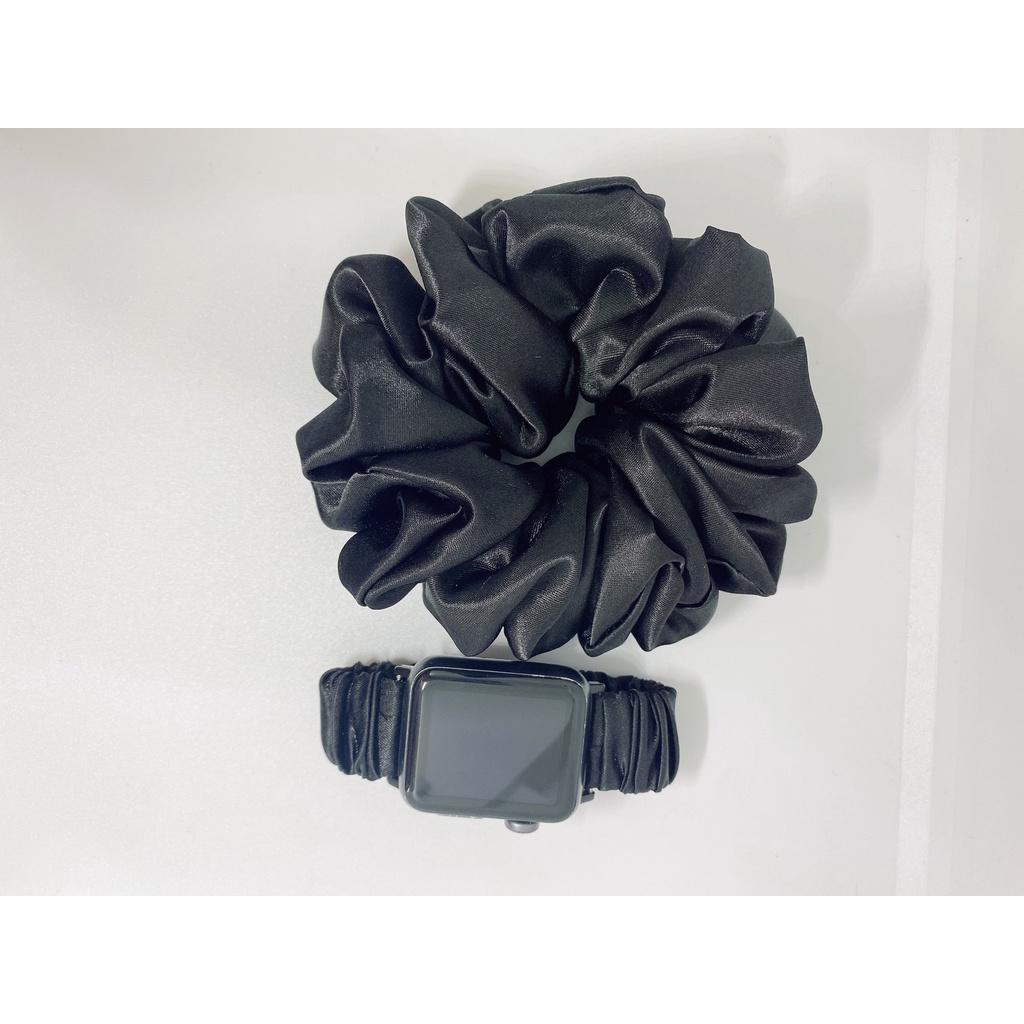 Combo dây đồng hồ apple watch và scrunchies dây cột tóc, buộc tóc vải satin lụa ĐEN