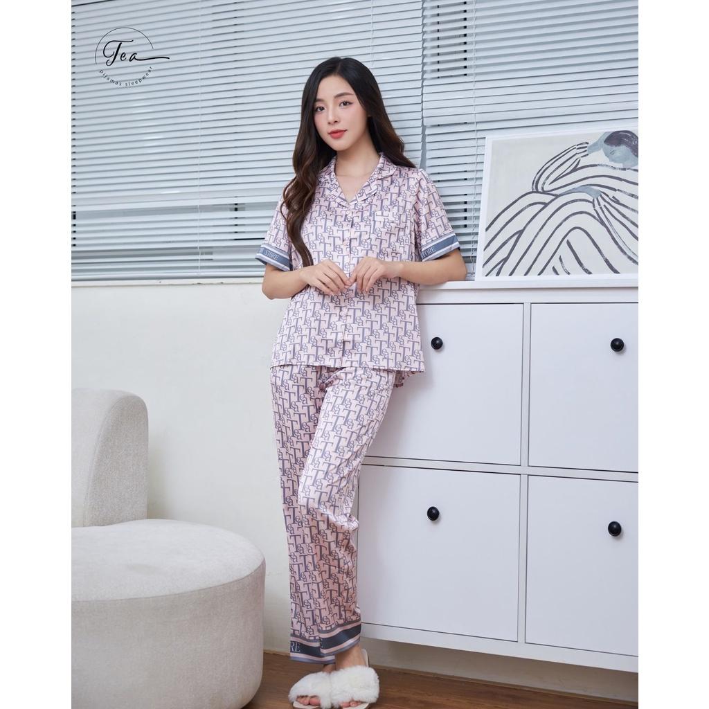 Bộ mặc nhà pyjama lụa cao cấp Tea Store tay ngắn quần dài họa tiết chữ Tea sang trọng