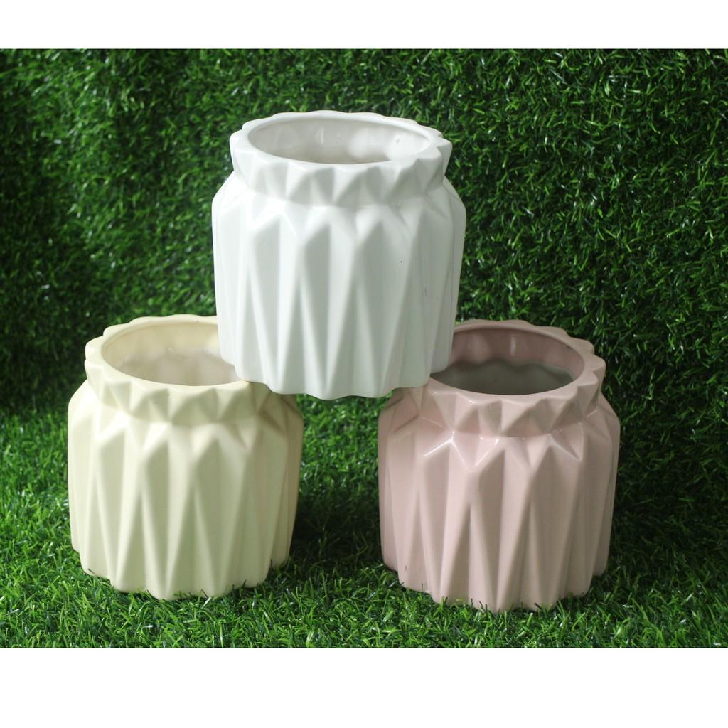 Chậu gốm sứ vân khía miệng nơ xinh xắn- tặng kèm nơ gai