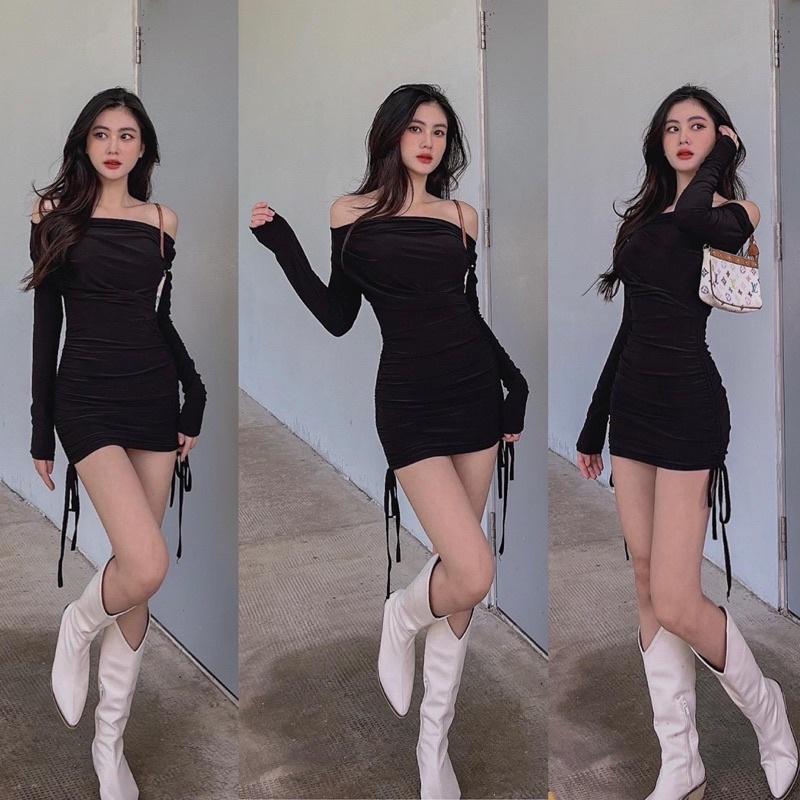 Đầm Body Bẹt Vai Rút Dây Tay Dài Cao Cấp