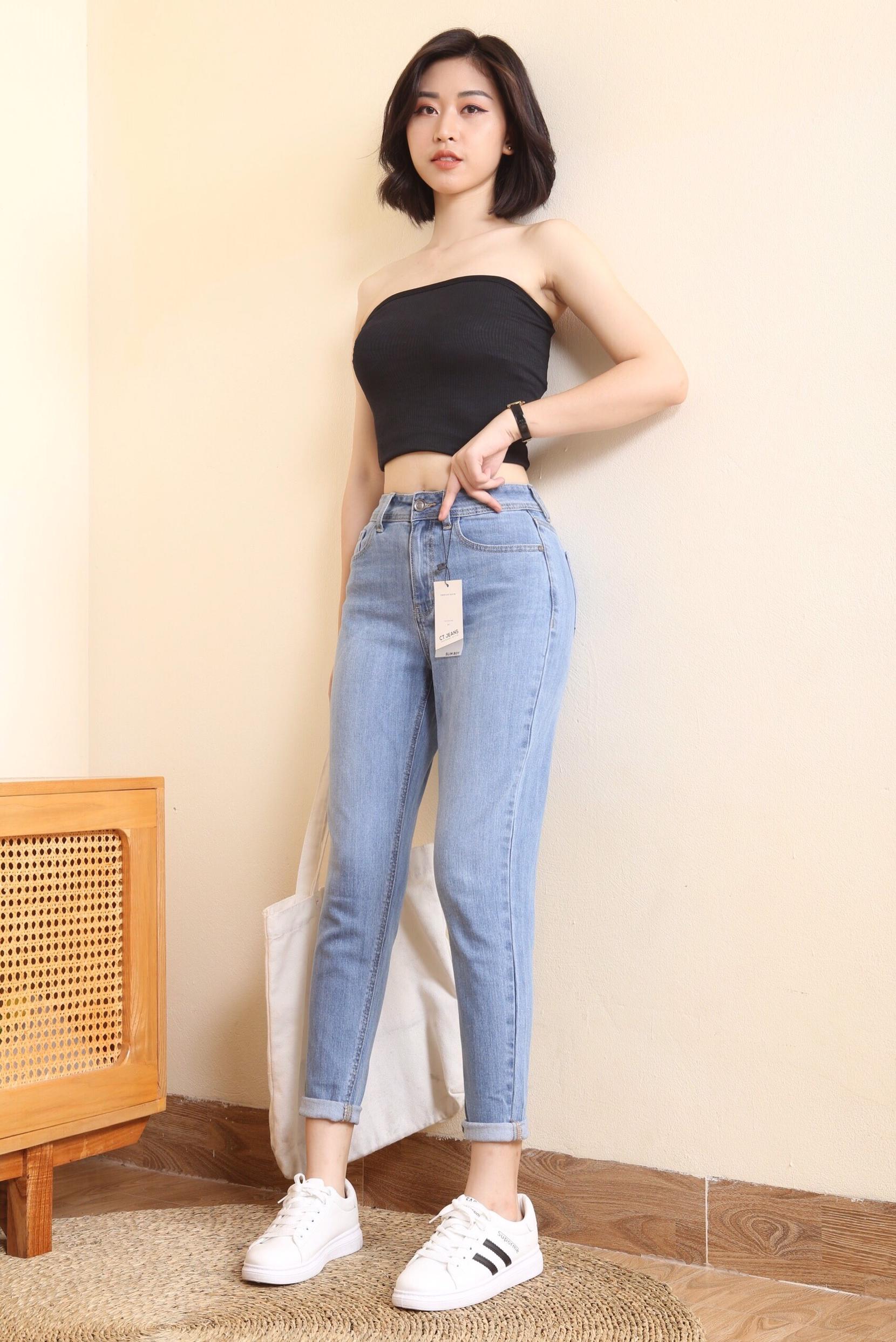 Quần jeans baggy nữ trơn lưng cao màu xanh cao cấp