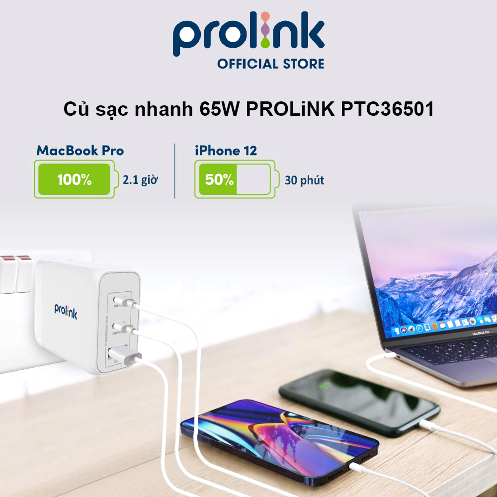 Củ sạc nhanh 65W PROLiNK PTC36501, 3 cổng (USB-A QC 3.0 & 2USB-C PD 3.0) IntelliSense, dùng cho điện thoại, iPad, Laptop - Hàng chính hãng