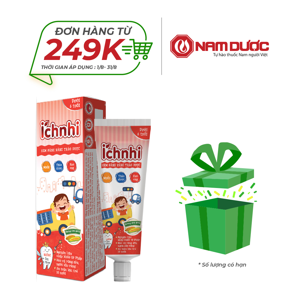 Kem đánh răng thảo dược Ích Nhi Nam Dược hương dưa gang tuýp 50g cho bé dưới 6 tuổi,có thể nuốt được