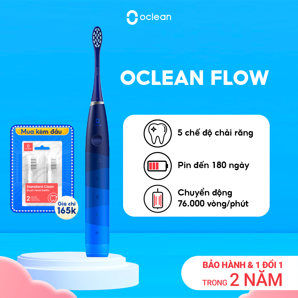 Bàn Chải Điện Oclean Flow | Pin 180 Ngày | 5 Chế Độ Chải | 38000 Lần Chải/Phút | Chống Nước IPX7 | Hàng Chính Hãng