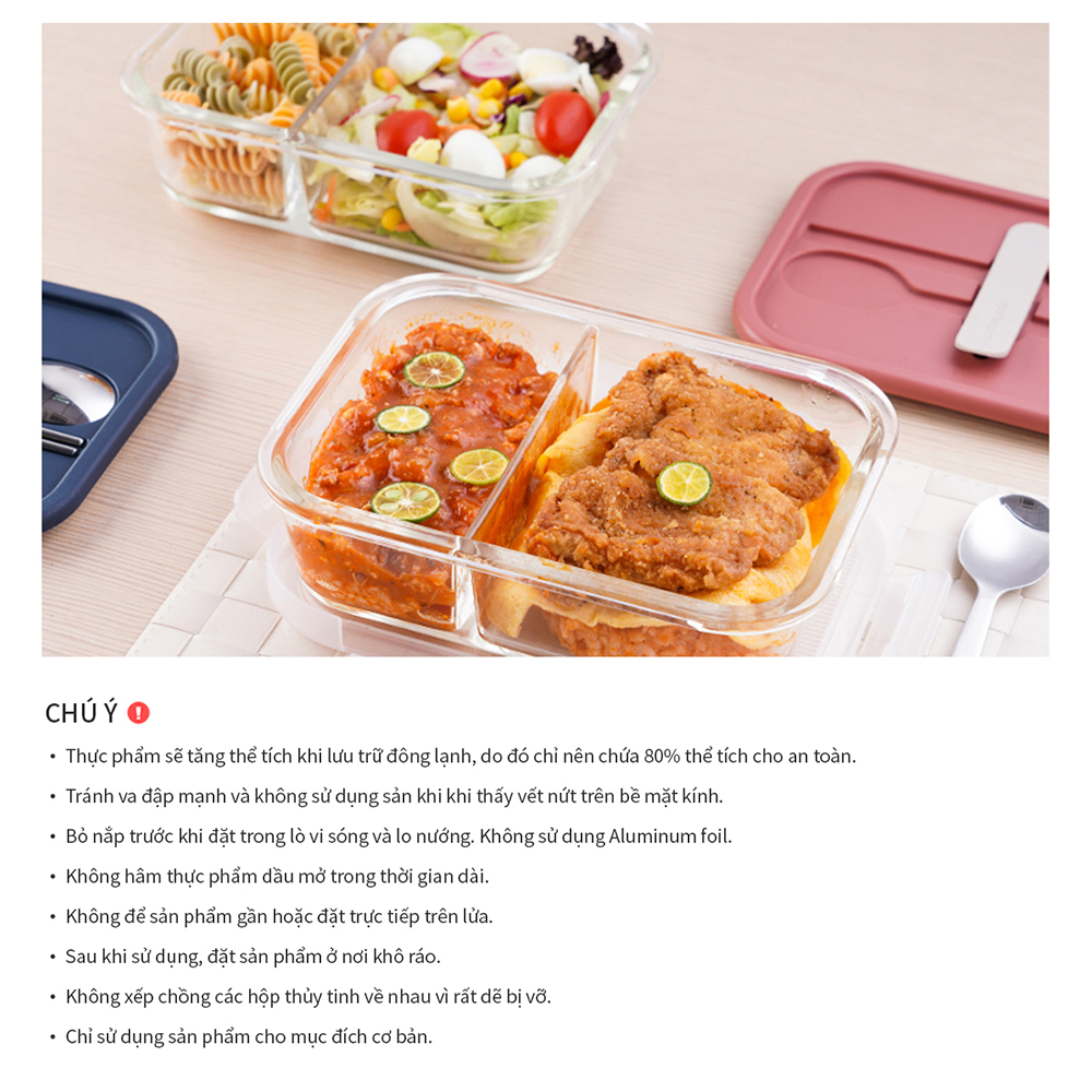 Hộp cơm thủy tinh Lock&amp;Lock chia ngăn kèm muỗng đũa 930ml màu hồng LLG991CLPIK - Hàng chính hãng, dùng được lò vi sóng - JoyMall