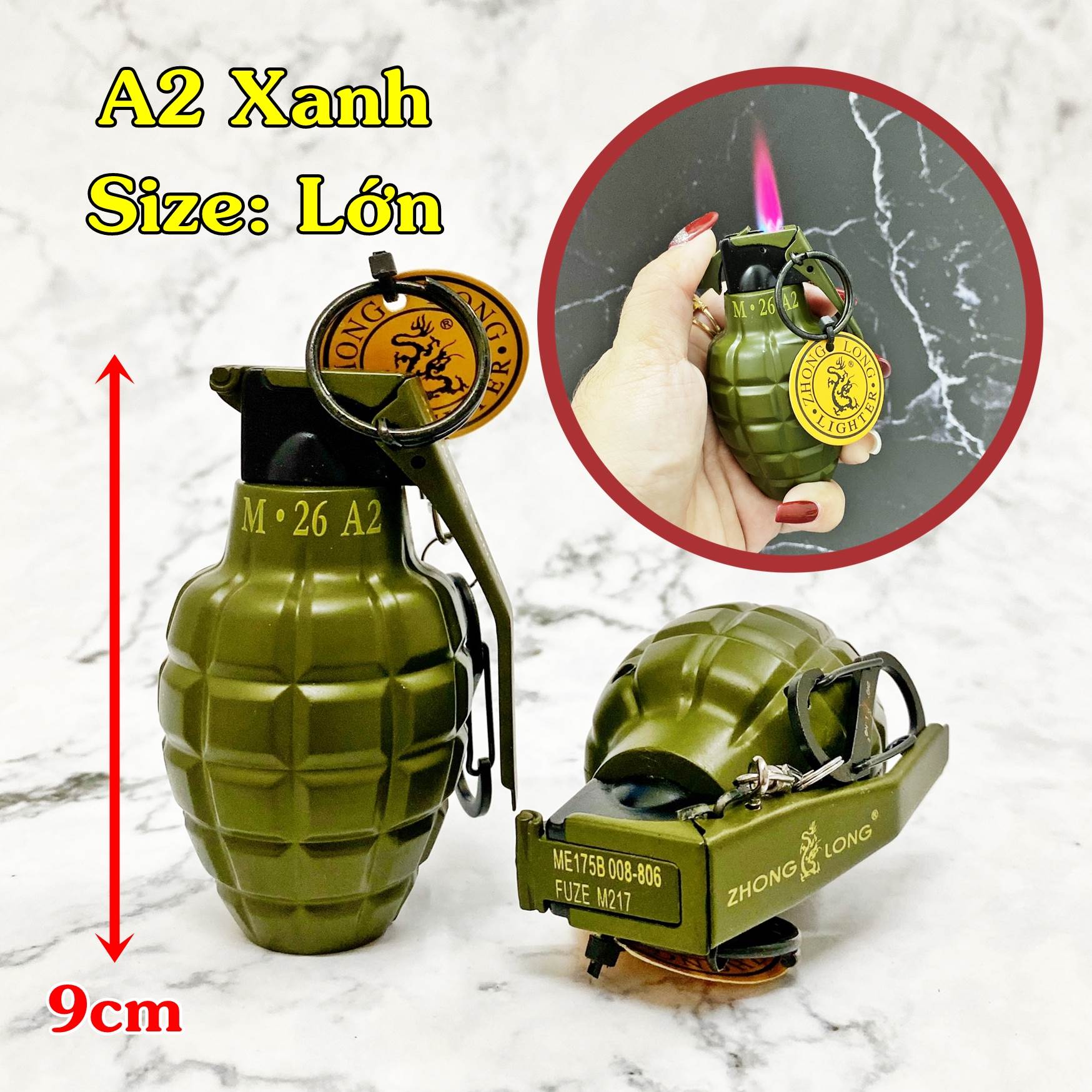 Hột quẹt bật lửa khè móc khóa hình trái lựu A2 Xanh size lớn 9cm kim loại - xài gas