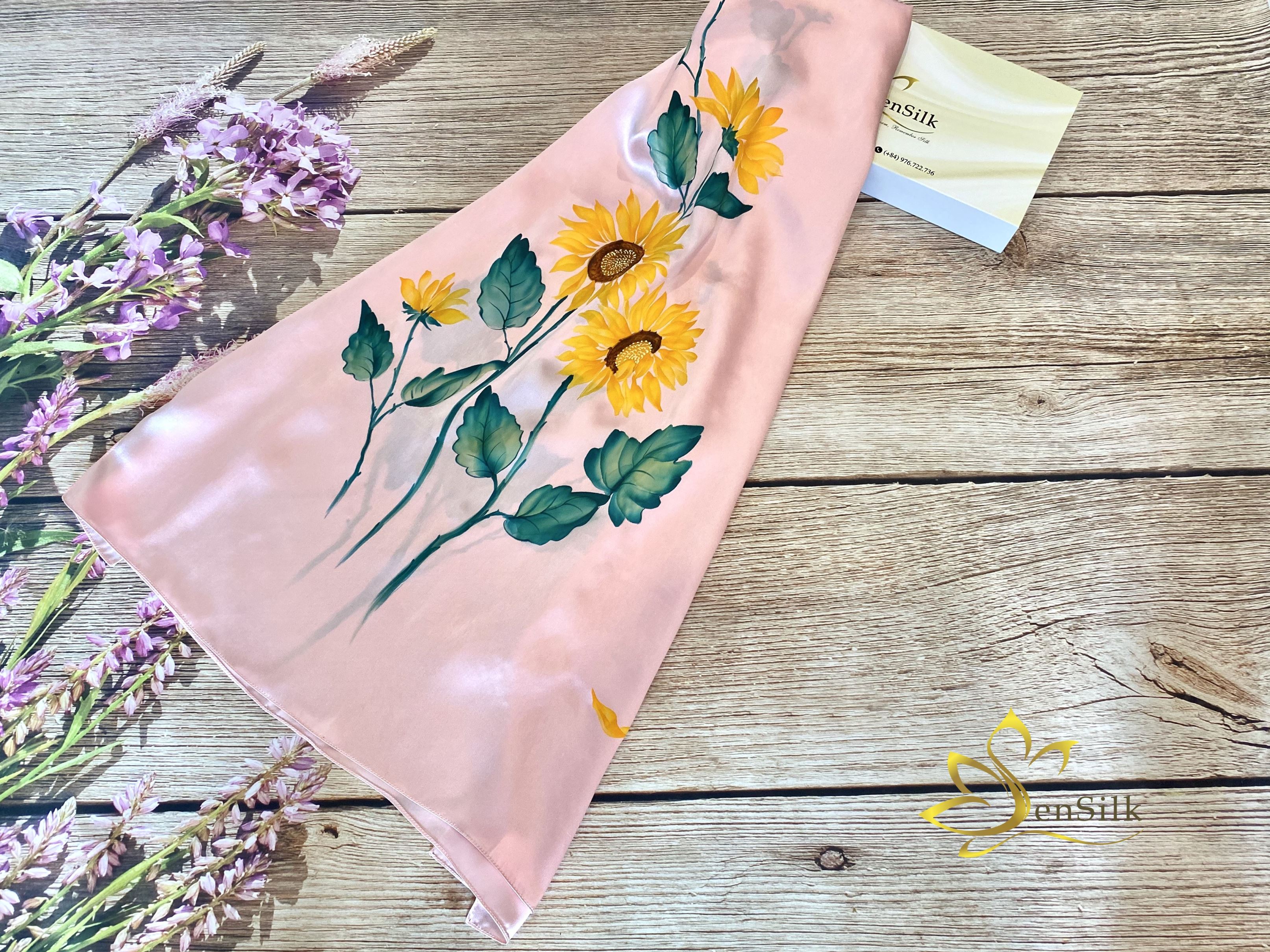 SenSilk Silk Painting Scarf  - Khăn Lụa Vẽ Tay Hướng Dương 180x90cm, Quà Tặng Người Nước Ngoài, Tơ Lụa Bảo Lộc Cao Cấp