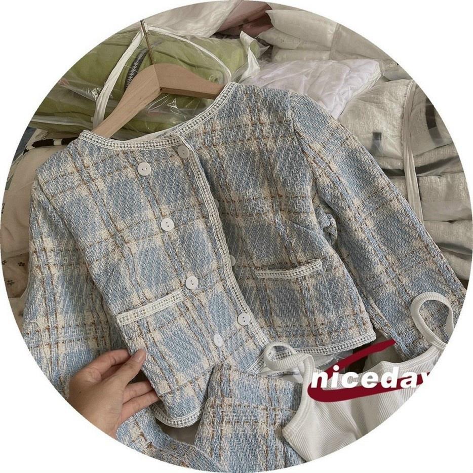 Set dạ 3 món xanh da khoác tweed áo  dây trắng kèm chân váy ngắn cá tính dịu dàng năng động