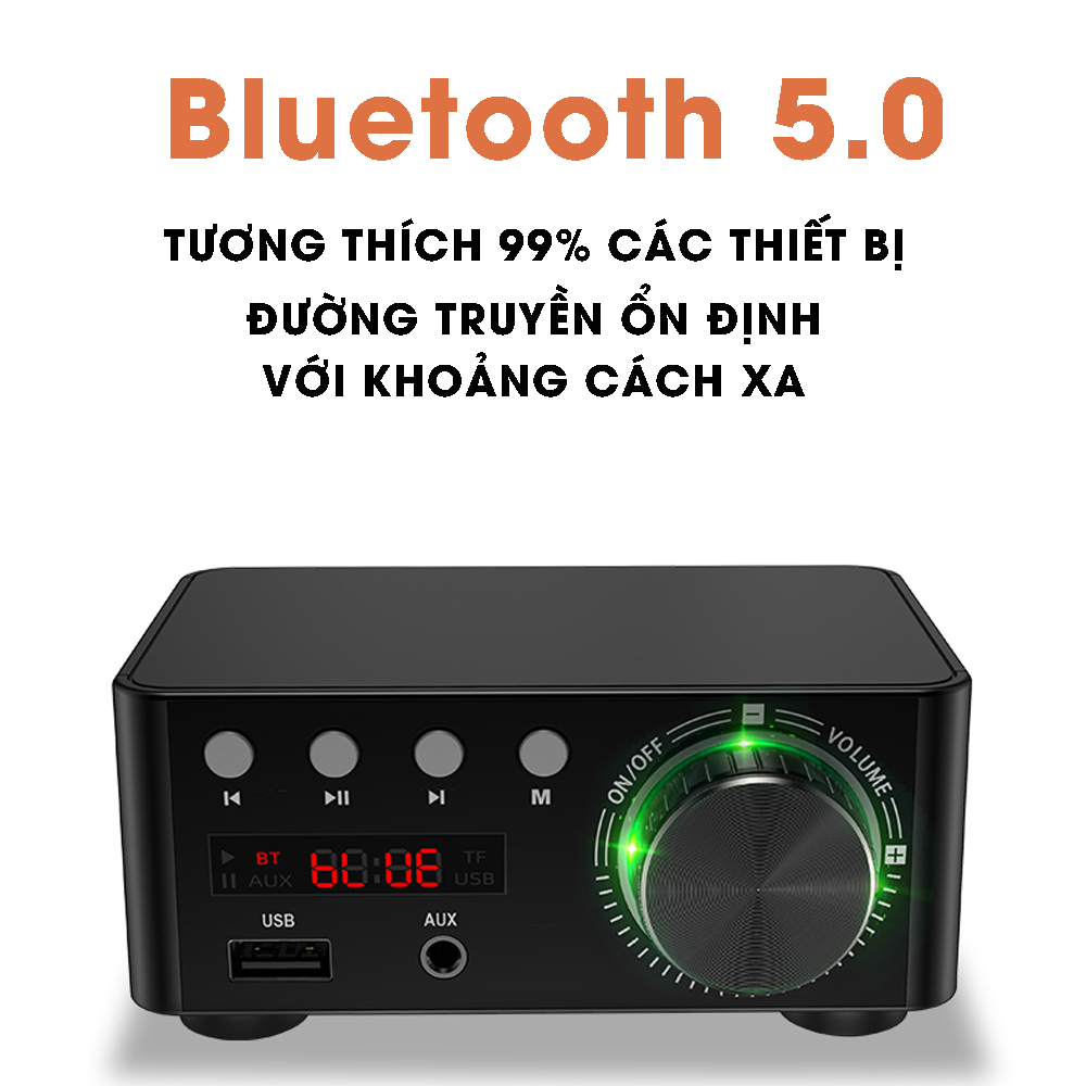 Amply Hifi Mini Bluetooth 5.0, tích hợp khe cắm thẻ nhớ, USB, AUX 3.5mm hỗ trợ đầy đủ định dạng âm thanh, kèm adapter củ sạc, dây loa MIHOCO BT5.0-Hàng chính hãng