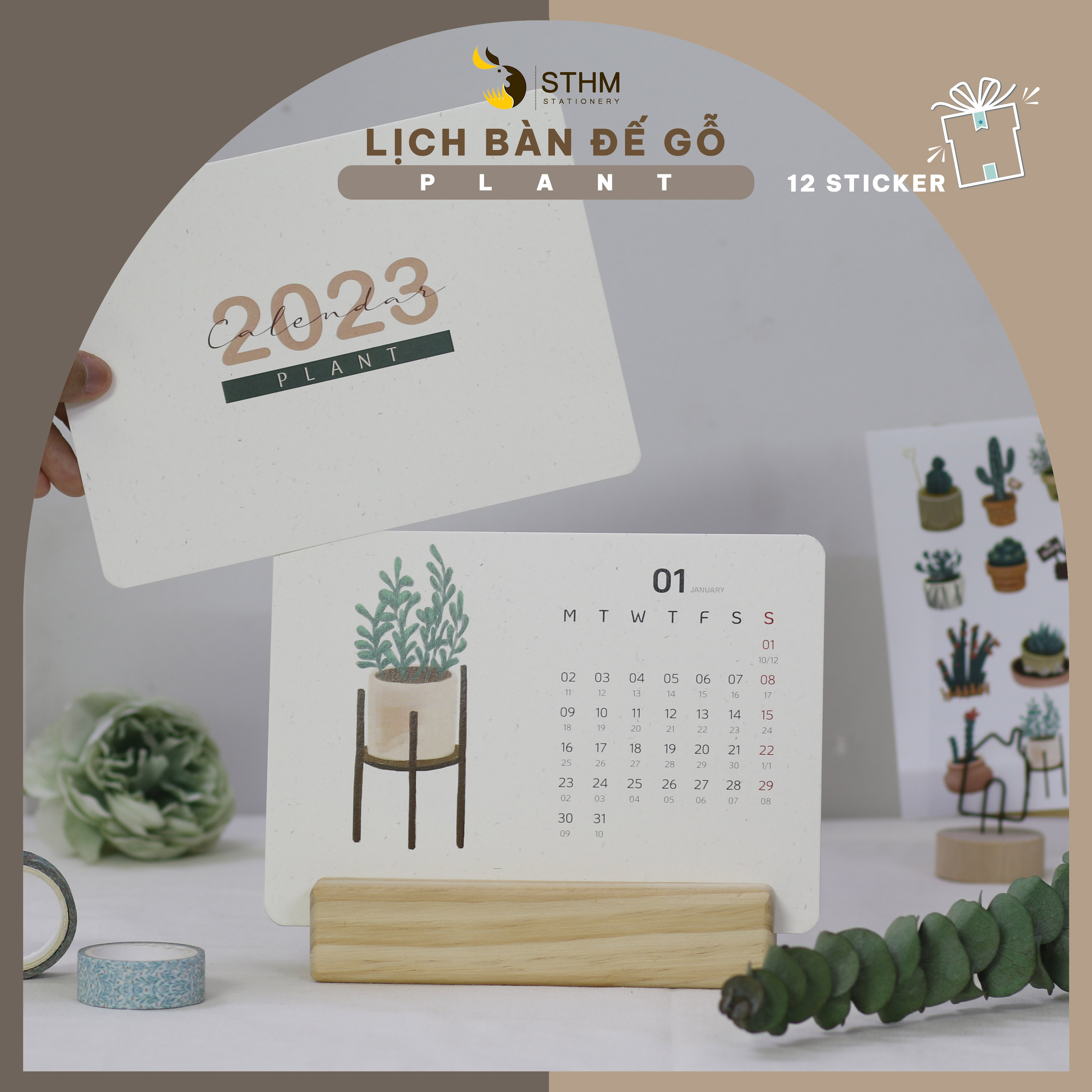 Lịch bàn đế gỗ 2023 - Plant - Tặng 12 sticker - Giấy mỹ thuật 220gsm - Có lịch âm dương - STHM stationery