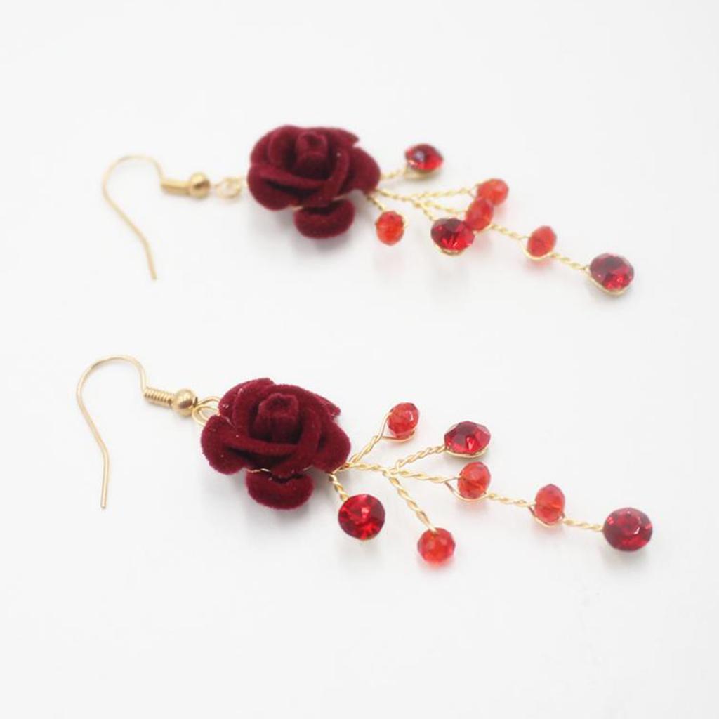 Bridal Red Crystal Drop Earrings Wedding Party Bridal Velvet Rose Earrings