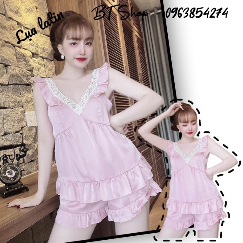 Đồ ngủ mặc nhà lụa latin cổ viền ren trơn đùi freesize 42-57kg