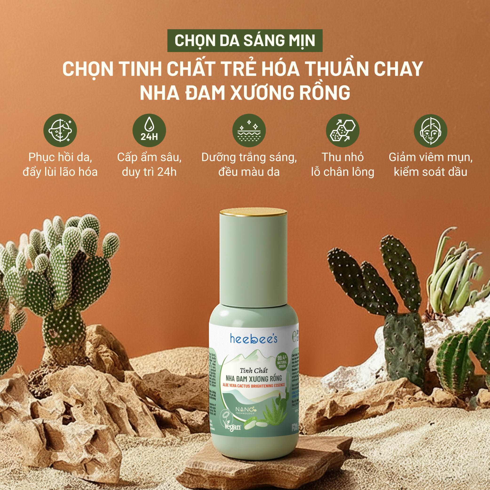 Tinh Chất Serum Thuần Chay Nha Đam Xương Rồng Heebee’s Aloe Vera Cactus Brightening Serum Dưỡng Trắng, Cấp Ẩm, Trị Mụn, Se Khít Lỗ Chân Lông, Ngừa Lão Hóa 38ml