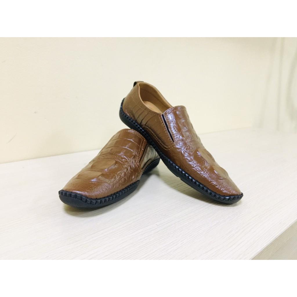 Giày Lười Nam Da Bò Vân Cá Sấu, Giày Bệt Nam Da Bò, Đế Cao Su Đi Êm Ái, Phong Cách Hiện Đại Cực Bền.