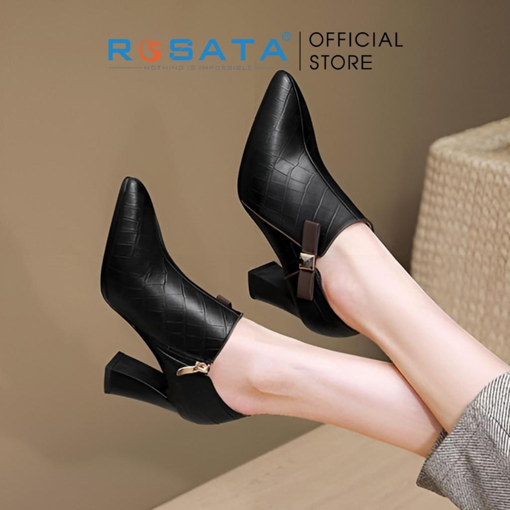 Giày bốt nữ cổ thấp đế vuông 7 phân mũi nhọn phối nơ khóa kéo ROSATA RO591 ( BẢO HÀNH 12 THÁNG ) - Đen