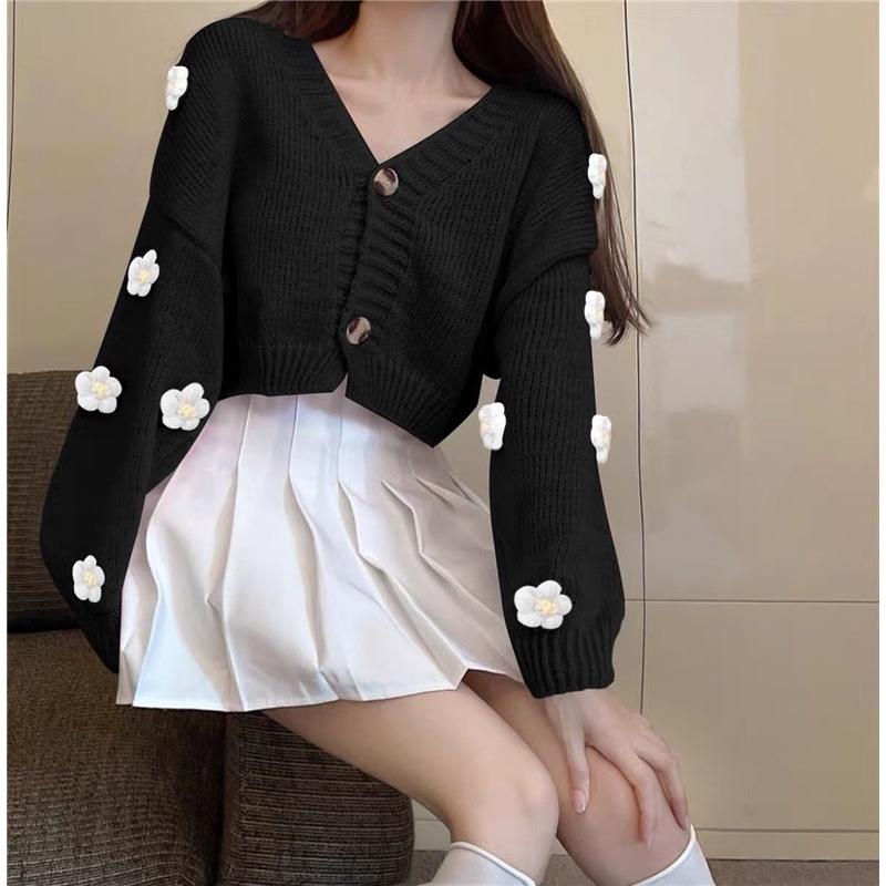 Áo cardigan len mịn tay đính hoa, Áo Cardigan croptop len hoa nổi