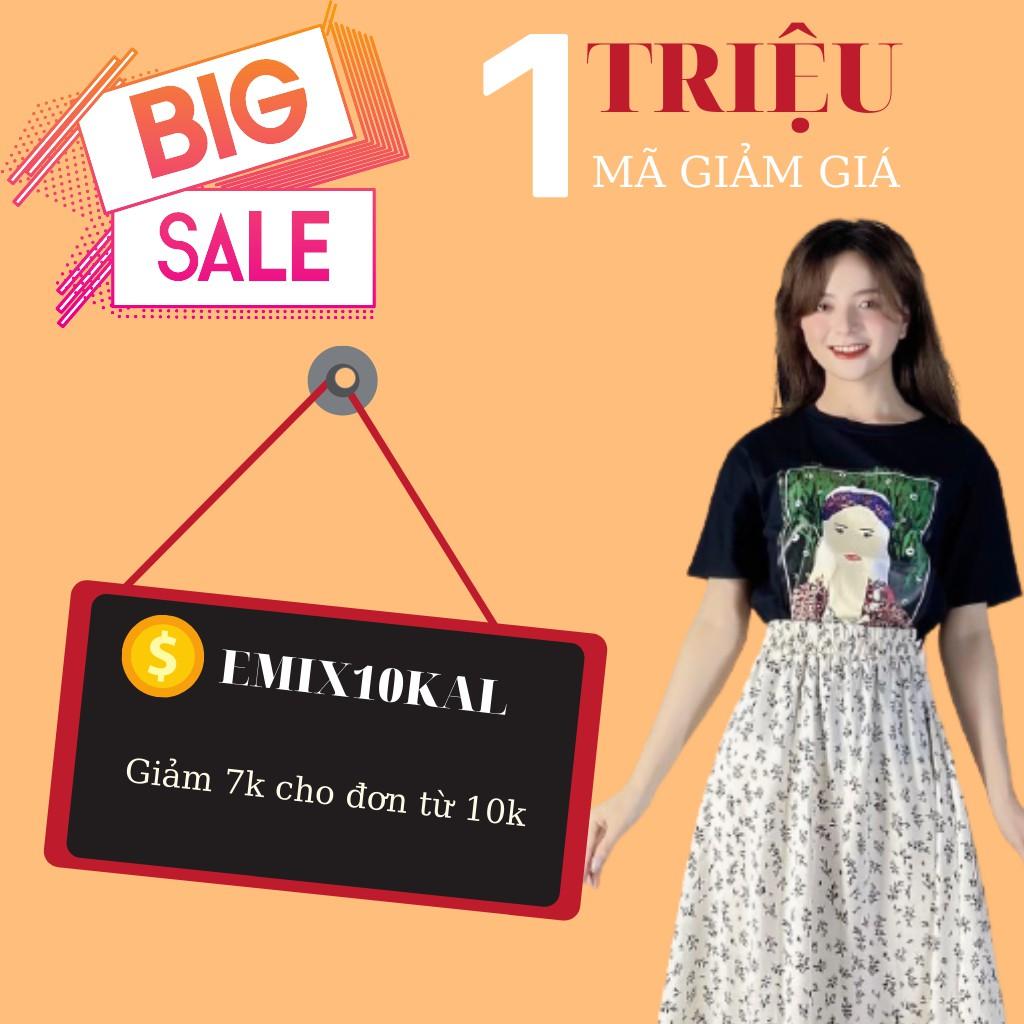 Chân váy nữ hoa nhí hoa đen EMIX, ulzzang, dáng dài, cạp chun, vải lụa mềm co giãn, mềm mát, 1 lớp nhưng không lộ