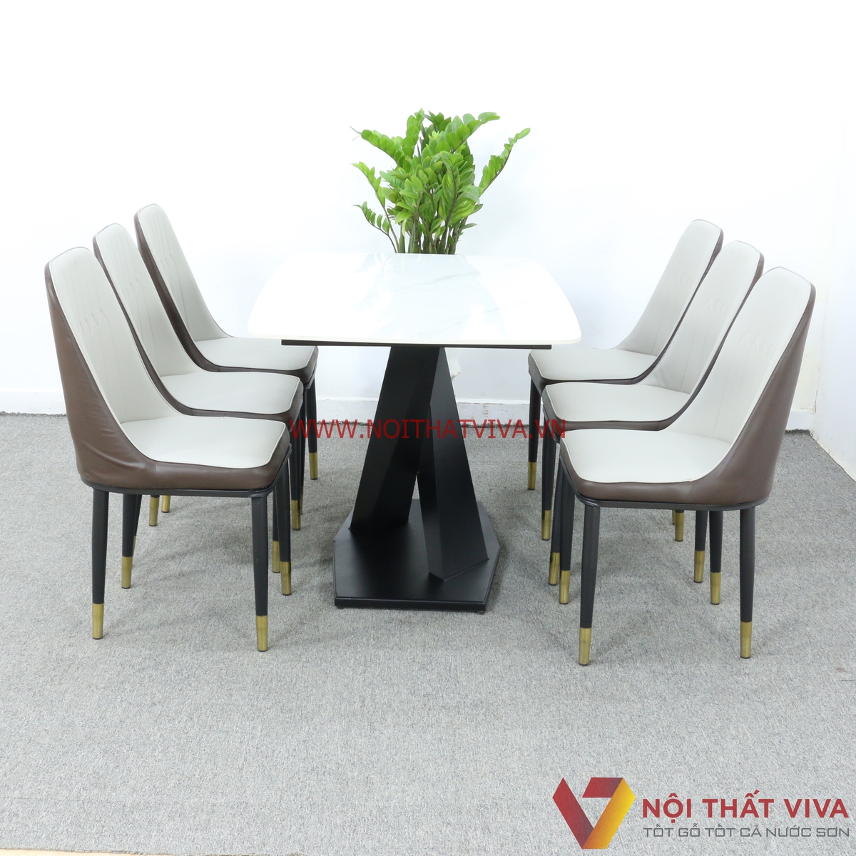 Bộ Bàn Ăn 6 Ghế Bọc Nệm Chân Chữ X Sơn Tĩnh Điện Mặt Đá Trắng Hiện Đại
