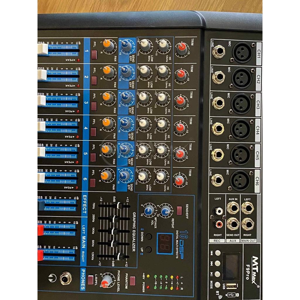 Mixer MT Max F9 Pro liền công xuất chuyên nghiệp tích hợp nhiều chức năng EQ reverv delay echo 16 chế độ tặng kèm 2 mic