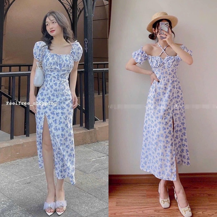 ĐẦM DÀI DÂY YẾM CỔ U TRỄ VAI XẺ ĐÙI SUÔNG HOA FLORAL TAY NGẮN BỒNG MAXI MIDI DẠO PHỐ ĐI BIỂN DỰ TIỆC