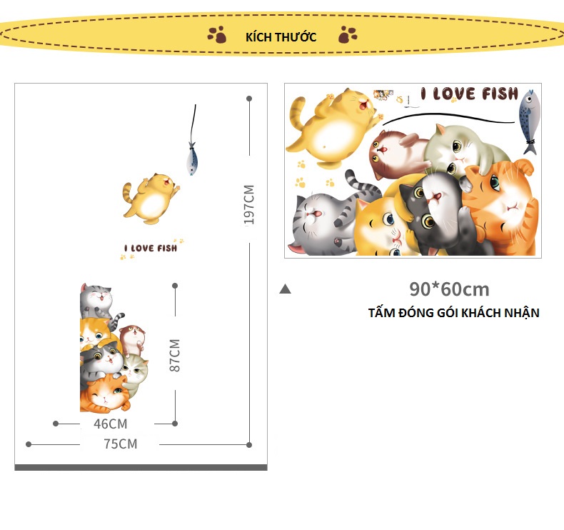Decal dán tường mèo con dễ thương I love fish đủ màu trang trí nhà cửa đẹp, sáng tạo