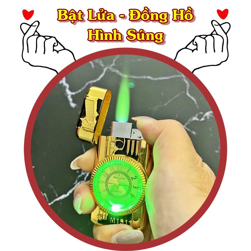 Bật lửa hột quẹt khè đồng hồ 2IN1 hình Xúng có đèn Led nhấp nháy - xài ga