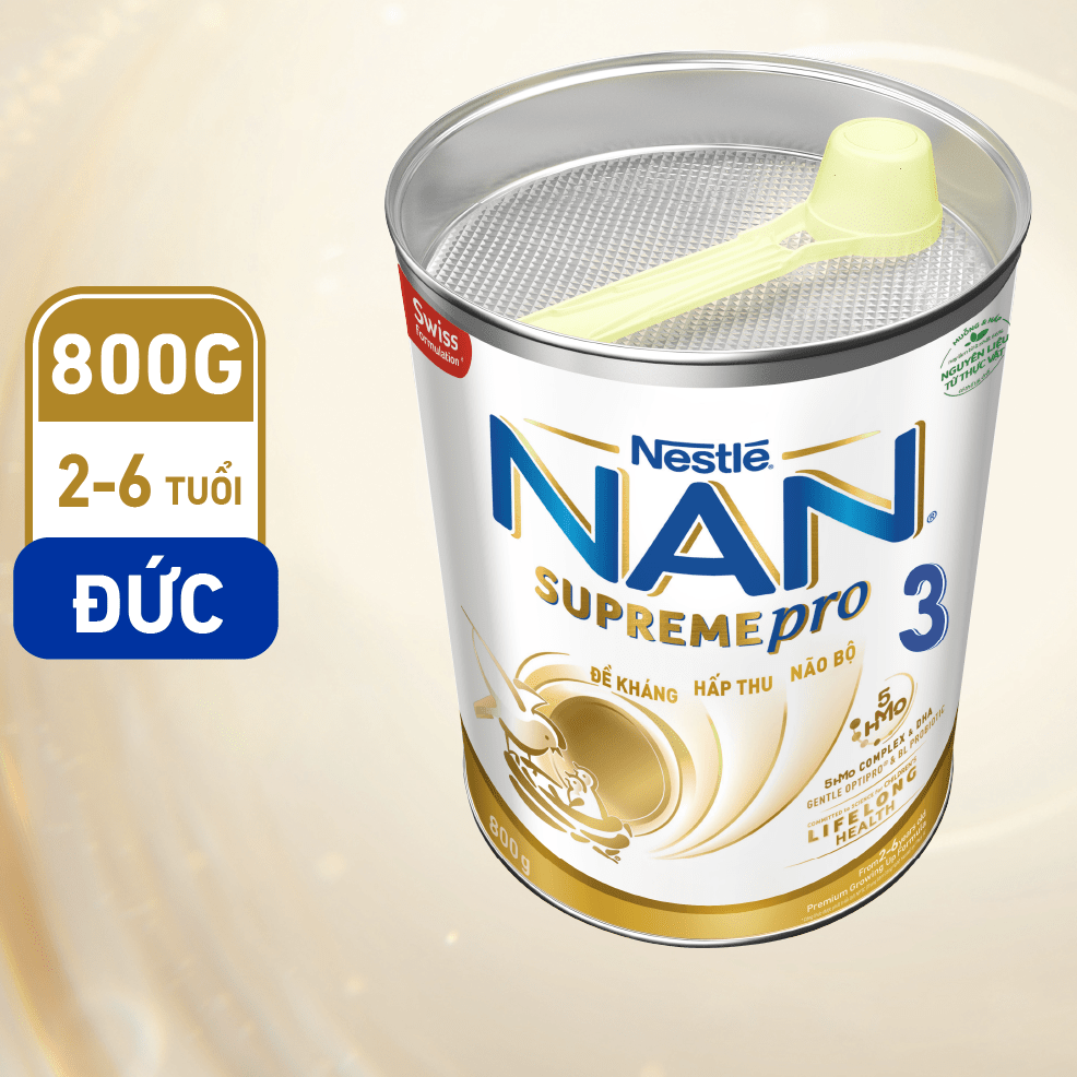 Bộ 2 Lon Sữa Bột Nestlé NAN SupremePro 3 với 5HMO giúp tăng đề kháng, đạm Gentle Optipro giúp dễ hấp thu &amp; ngừa nguy cơ dị ứng (chàm sữa) - SP nhập khẩu từ Đức (Dành cho trẻ từ 2-6 tuổi) - Tặng chảo nướng điện đa năng