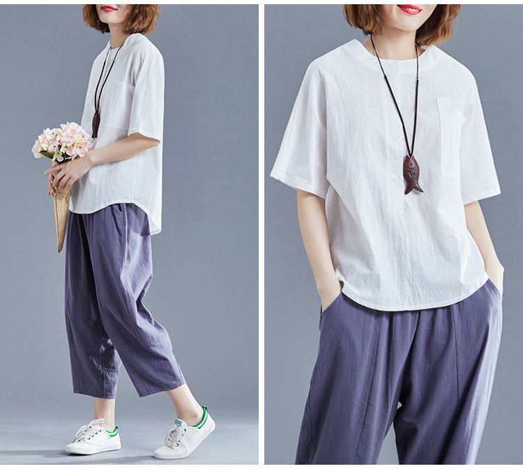 Áo sơ mi nữ form rộng kiểu tay lỡ cổ tròn NeSa Shop, chất liệu Lanh Cotton thấm hút mồ hôi, áo sơ mi nữ nhiều màu, SMT02