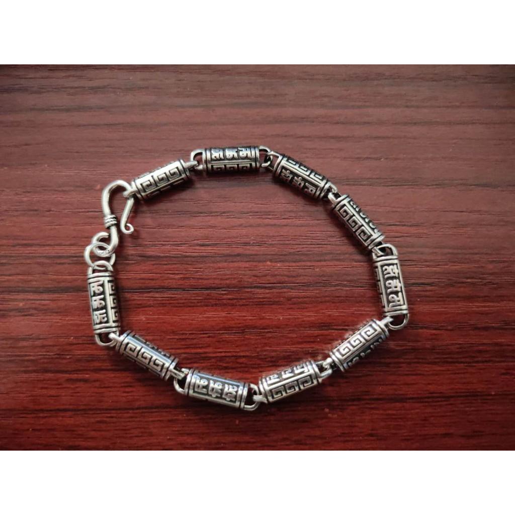 Lắc Tay Nam Om Mani Padme Hum và chữ Vạn 18cm - 23cm Chất Liệu Bạc Thái Cao Cấp