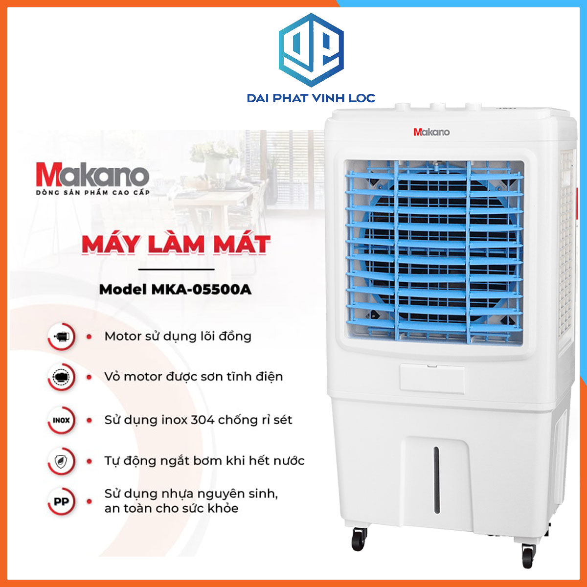 Máy Làm Mát/Quạt Hơi Nước Makano MKA-05500A- 55Lit - Công Suất 190W-Diện Tích Làm Mát 45m2-Bảo Hành 12 Tháng