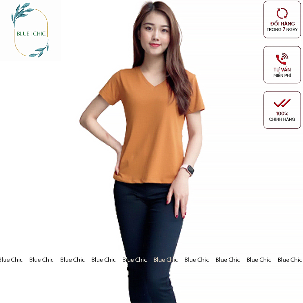 Hình ảnh Áo phông nữ Blue Chic cộc tay cổ tim chữ v thun trơn form rộng co giãn màu đen trắng cam bigsize thời trang basic