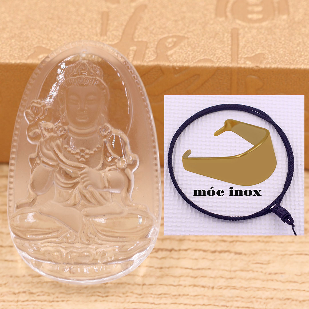 Mặt dây chuyền Phật Đại thế chí pha lê trắng 3.6 cm kèm vòng cổ dây dù đen + móc inox vàng, Phật bản mệnh, mặt dây chuyền phong thủy