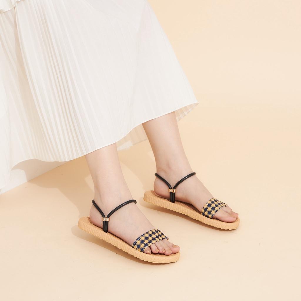 Giày Nữ MWC 2961 - Giày Sandal Quai Ngang Vải Caro Đế Bằng Thời Trang