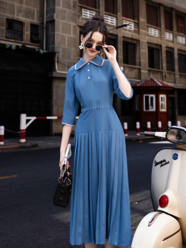 Đầm xanh xếp ly NGADO