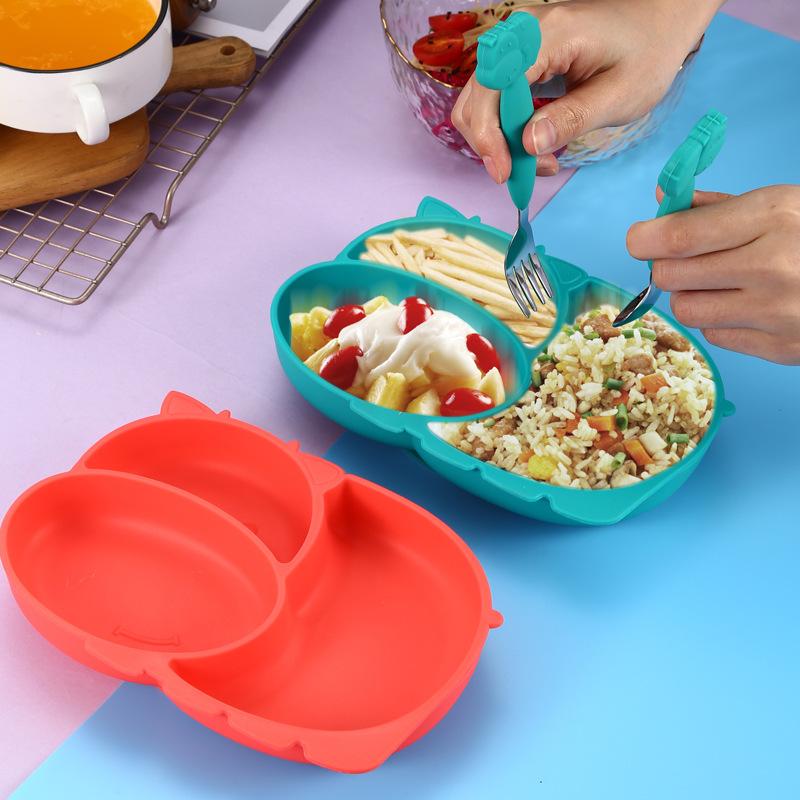 Bé Ốp Dẻo Silicon Bộ Hoạt Hình Chống Trượt Nhà Hút Loại Riêng Biệt Lưới Thức Ăn Cho Bé Ăn Dặm Muỗng Nĩa Bát Trẻ Em Bộ Đồ Ăn Món Ăn