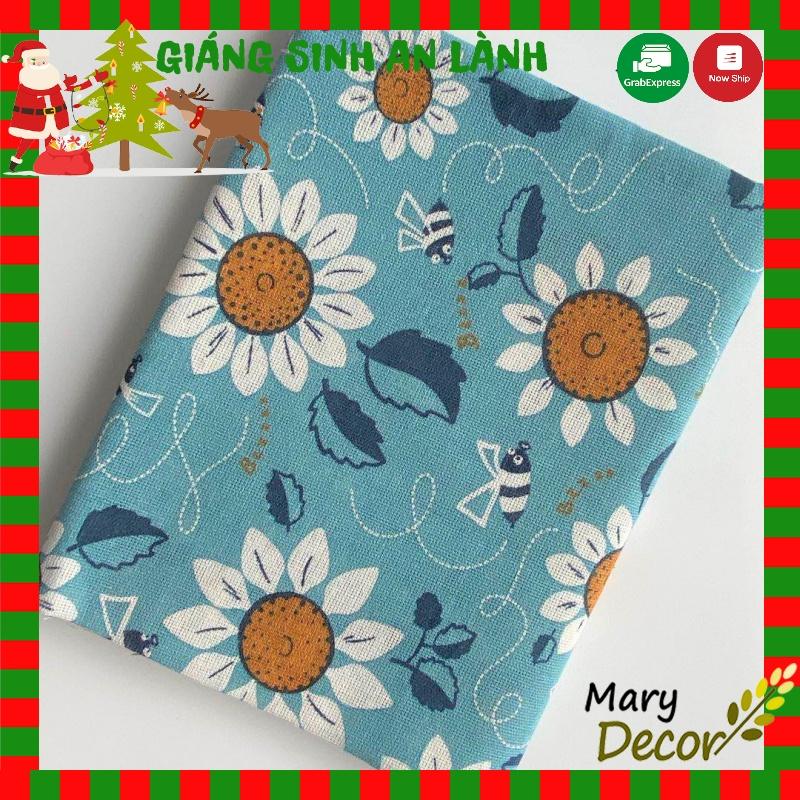 Vải bố linen đẹp may khăn trải bàn phòng ăn, phòng khách trang nhã - họa tiết hướng dương xanh V-M07