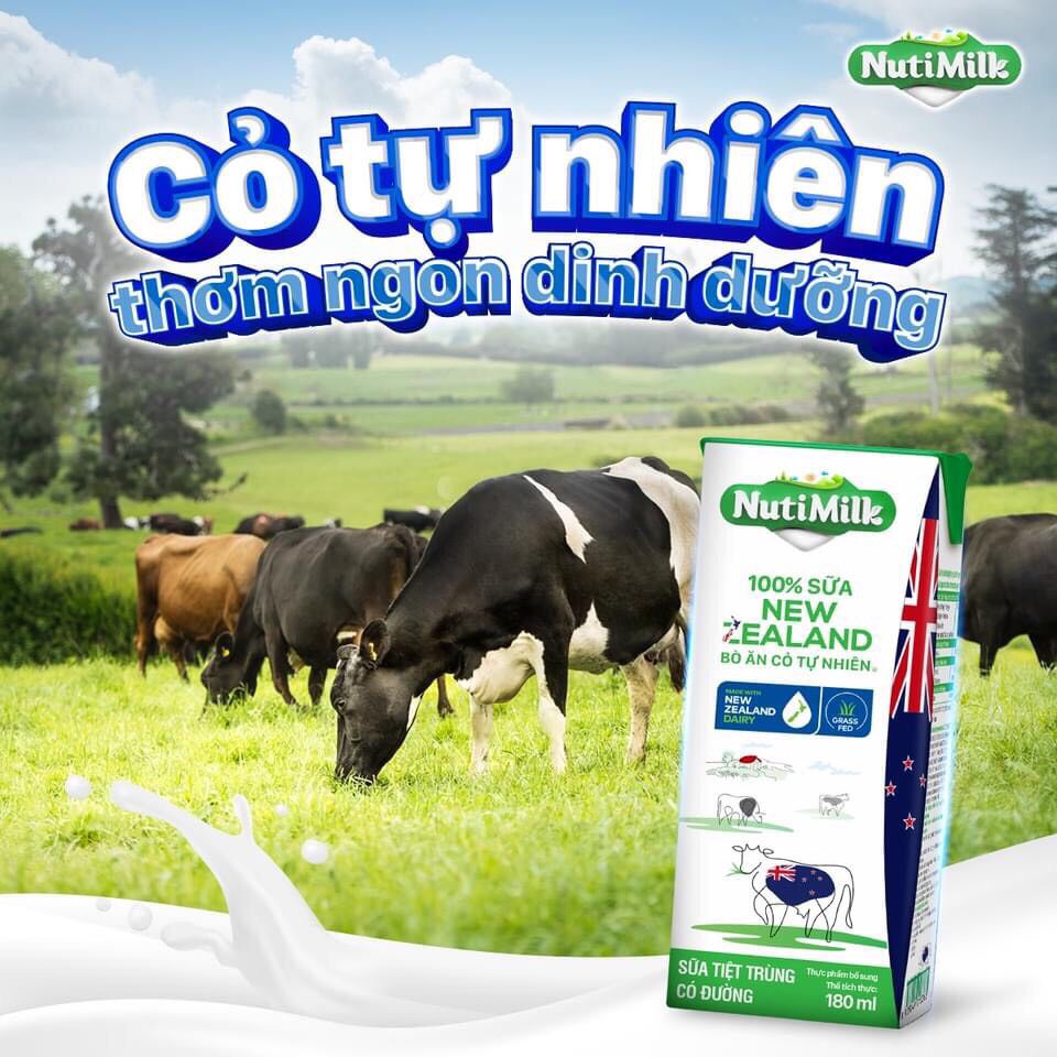 Thùng 48 Hộp NutiMilk 100% Sữa New Zealand Bò ăn cỏ tự nhiên có đường 180ml