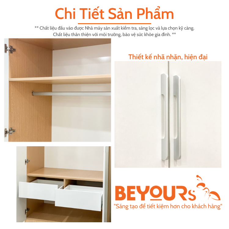 Tủ Quần Áo Gỗ Cửa Mở BEYOURs Mina 2 Cánh Màu Trắng Phối Gỗ Hiện Đại Thiết Kế Nhiều Ngăn Tiện Dụng