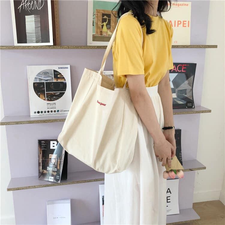 Túi Tote Túi Vải Nữ Canvas đeo vai Bonjour trắng phong cách Hàn Quốc Vintage