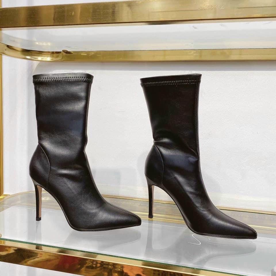 Bốt đùi nữ da lì , Boot n ữ đùi lửng dưới gối gót nhọn 8-9cm 2 màu đen và nâu hàng Fullbox Bigfree CAO CẤP